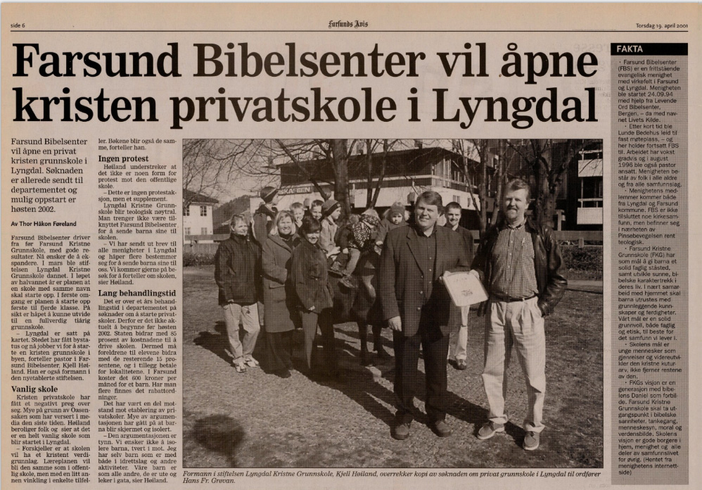 Avisutklipp med overskriften "Farsund bibelsenter vil åpne kristen privatskole i Lyngdal"